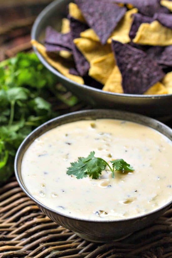 Queso made from roasted hatch chiles and served with tortilla chips